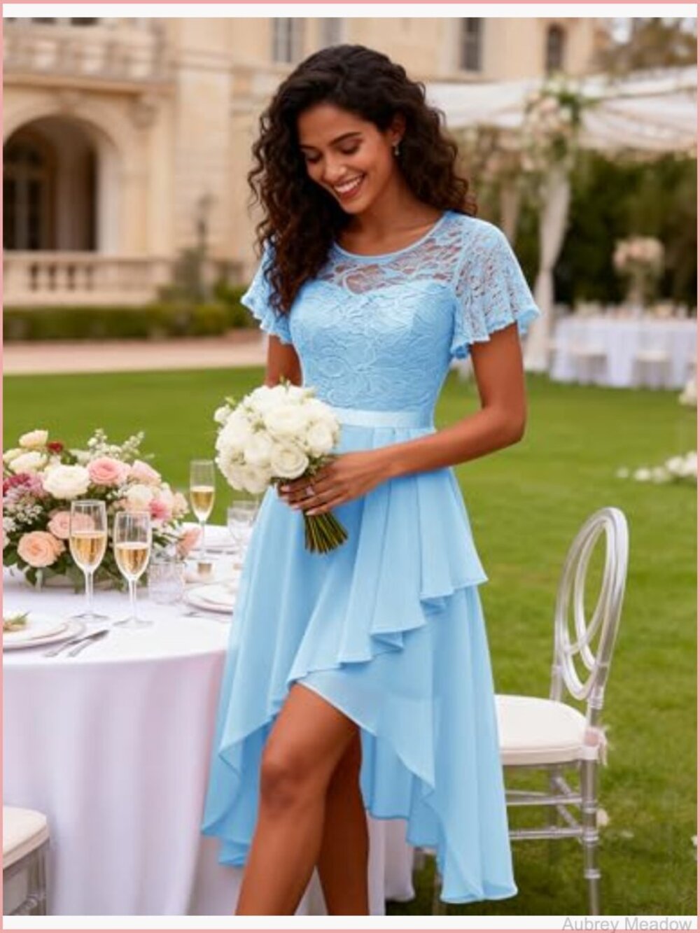Flutter Sleeve High Low Lace Dress Sheer Neckline Prom Bridesmaid - Picture 3 of 7